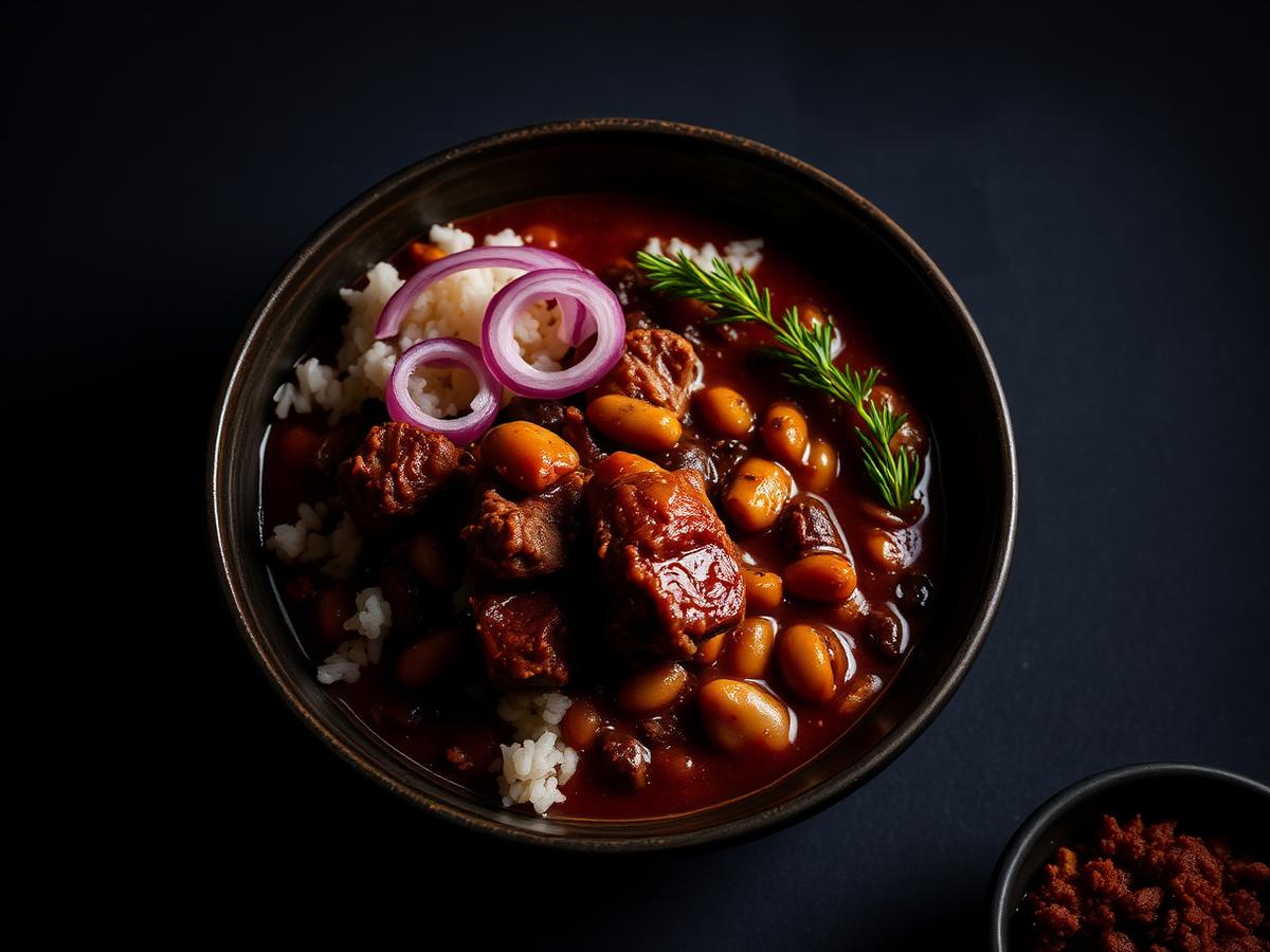 Bowl of baked beans with smoked pulled pork, rice and pickled onion