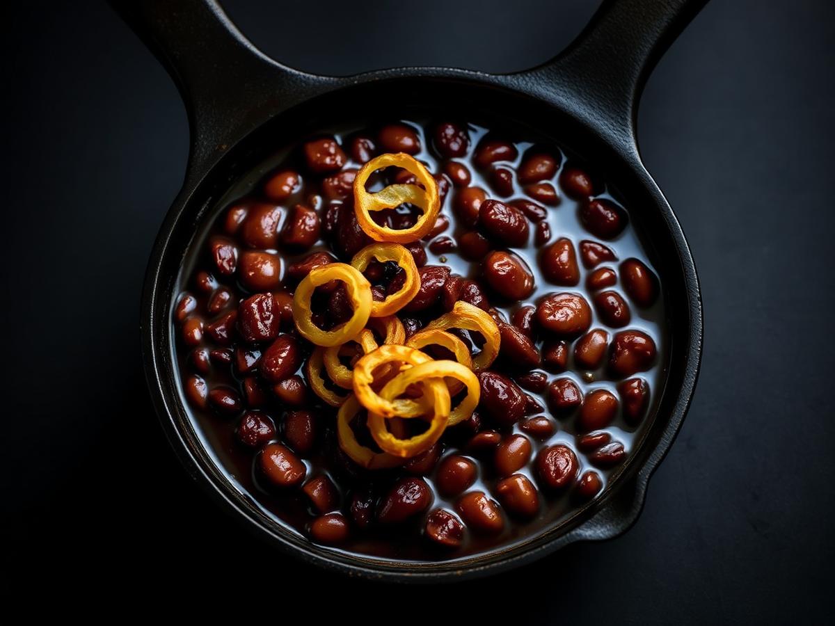 Skillet of bourbon molasses baked beans