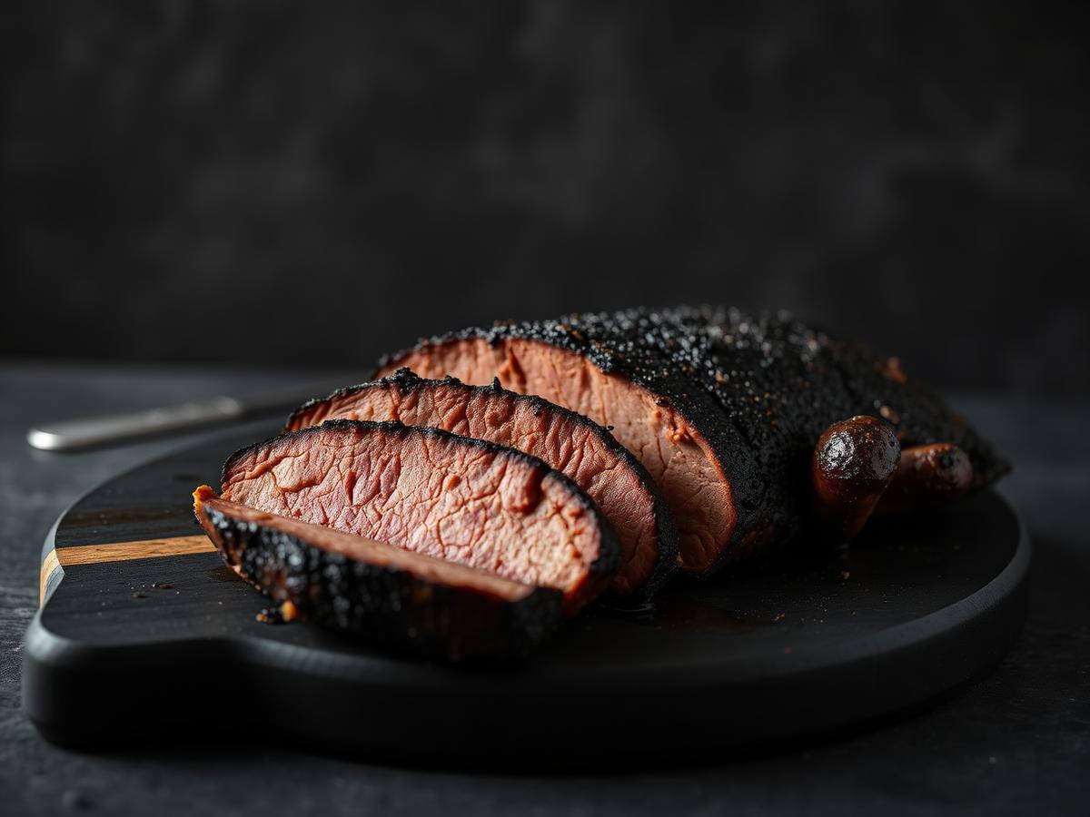 Sliced smoked brisket with a dark bark crust on a black board