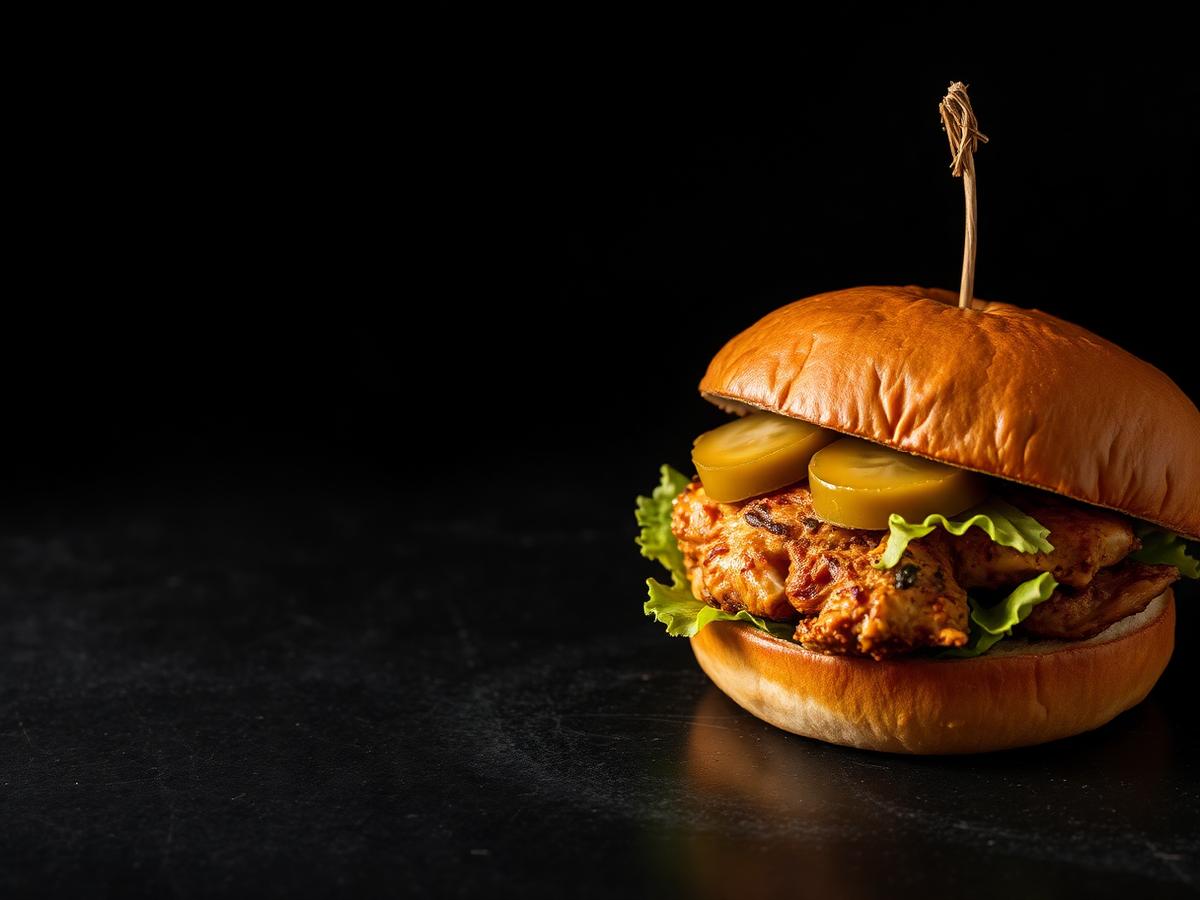 Grilled chicken sandwich with pickles and lettuce on a toasted bun