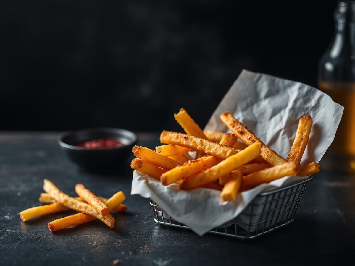 Basket of crispy seasoned factory-cut fries