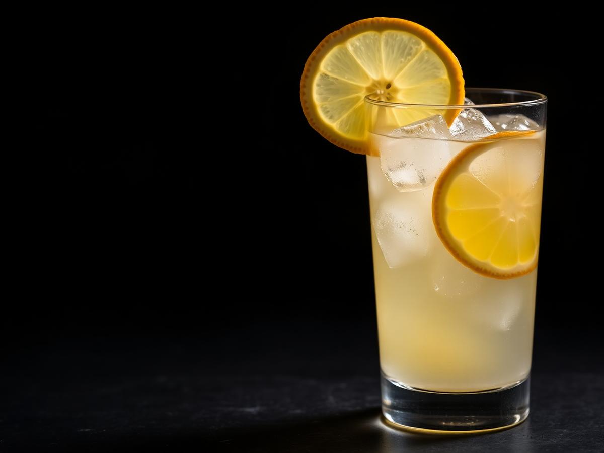 Glass of fresh lemonade with ice and lemon