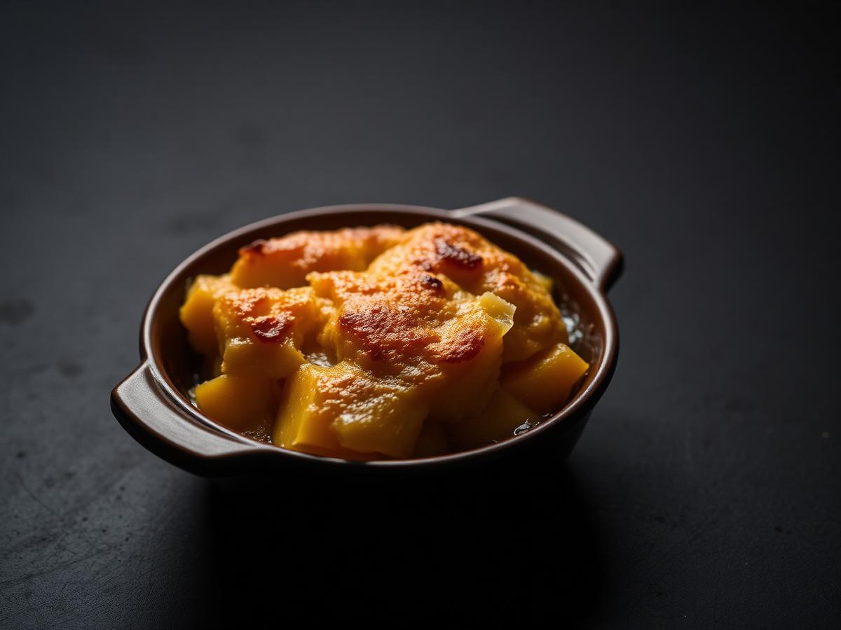 Peach cobbler with a golden biscuit crust in a small dish