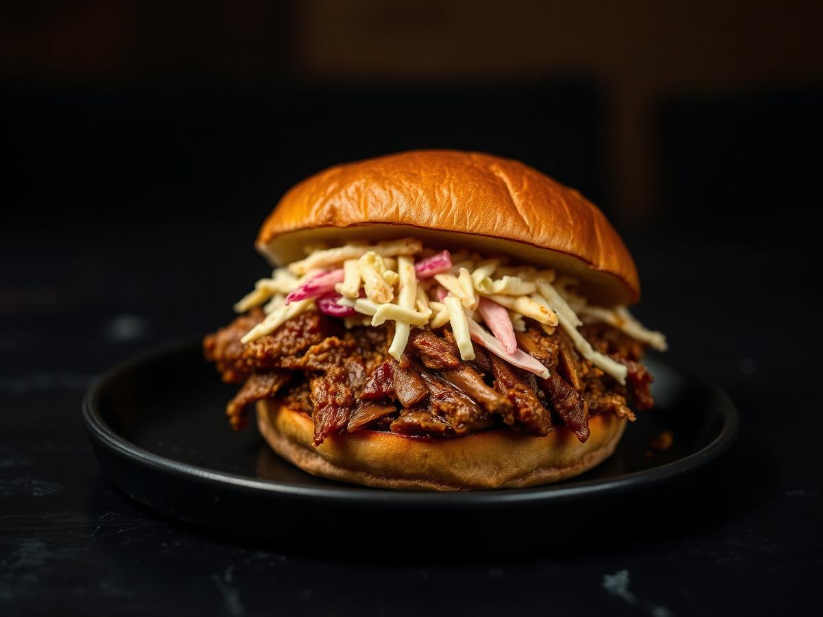 Pulled pork sandwich with coleslaw on a toasted brioche bun