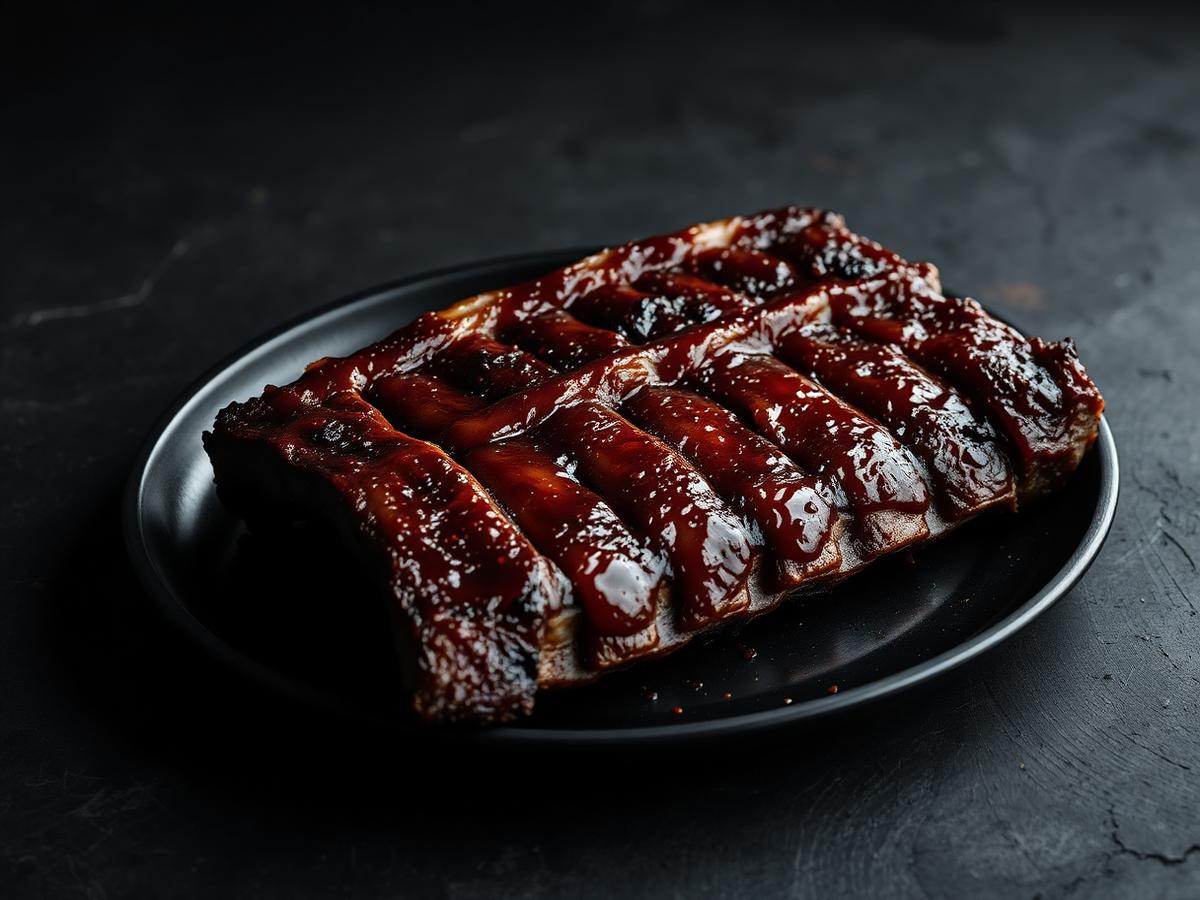 Half rack of glazed smoked ribs on a dark plate