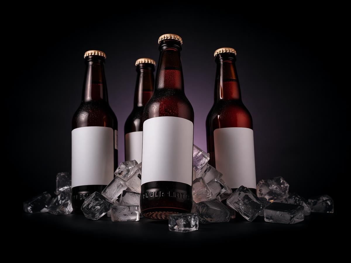 Unlabeled bottles of craft root beer on ice