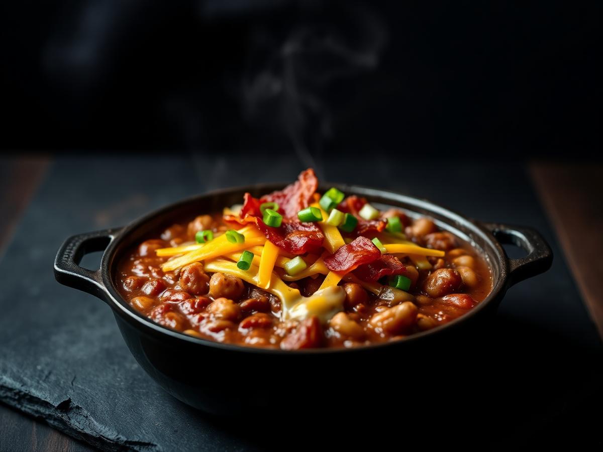 Bowl of smoky loaded baked beans topped with cheddar, bacon and scallion
