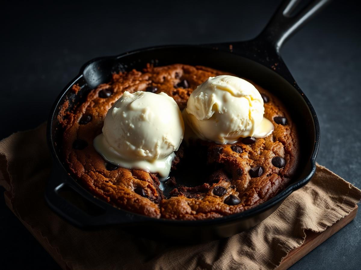 Warm chocolate skillet cookie topped with melting vanilla ice cream